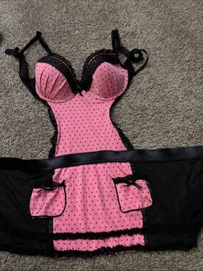 Pink Polka Dot Lace Trim Chemise with Pockets